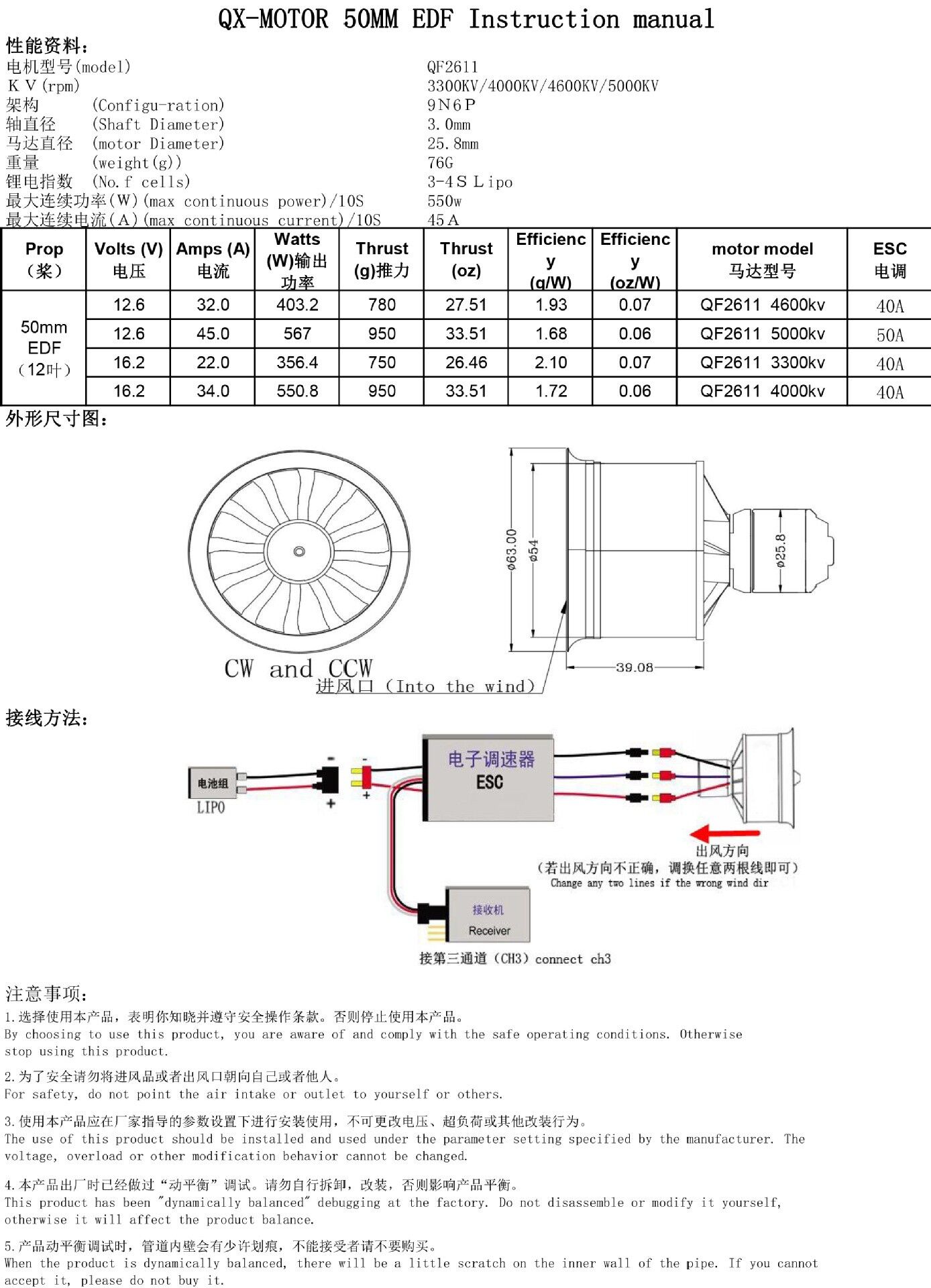 50mm EDF 12 Blades Ducted Fan CW CCW 2611 Brushless Motor Set QX MOTOR